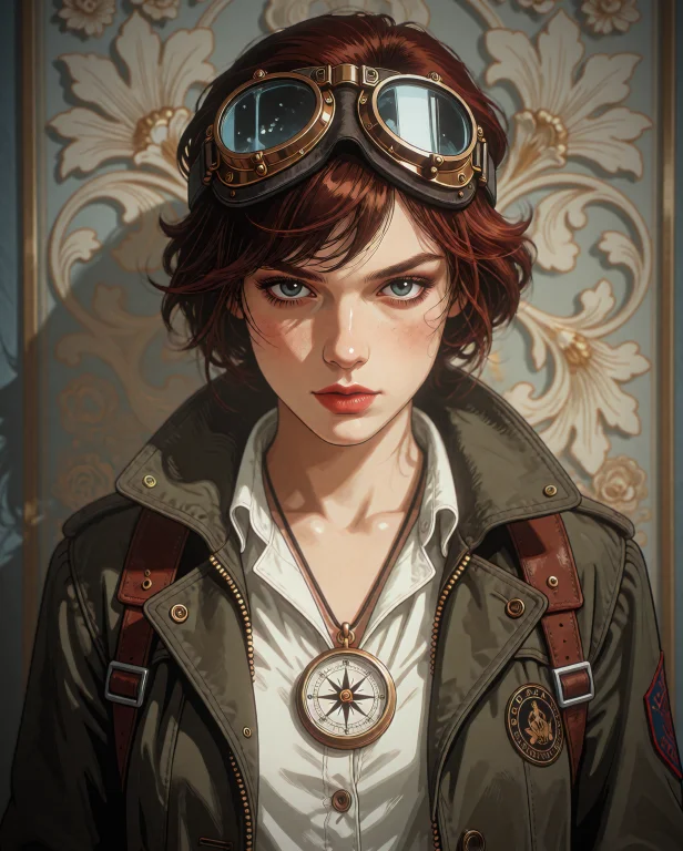 A Woman, Wearing Wearing Steampunk Explorer Aviator Jacket W...