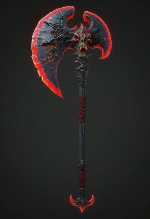 Greataxe, Steel, Red Handle, Long, Wide, Demonic, Crude, Glo...