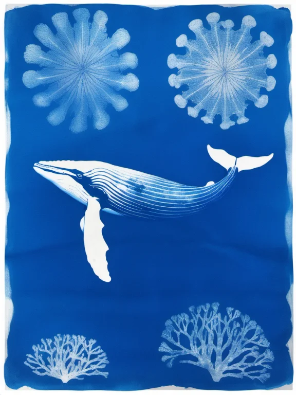 An Artistic Cyanotype Composition Of A Giant Humpback Whale...