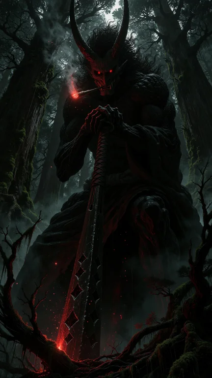 Low-angle Pov Looking Upward At A Gigantic Black Oni Standin...