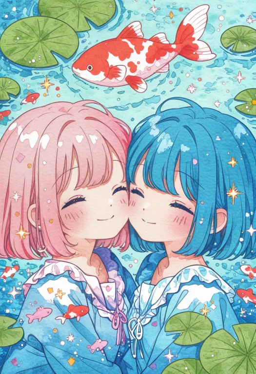 Kawaii Pop Art, Watercolor, Two Girls, Yuri, Fish, Koi Fish,...