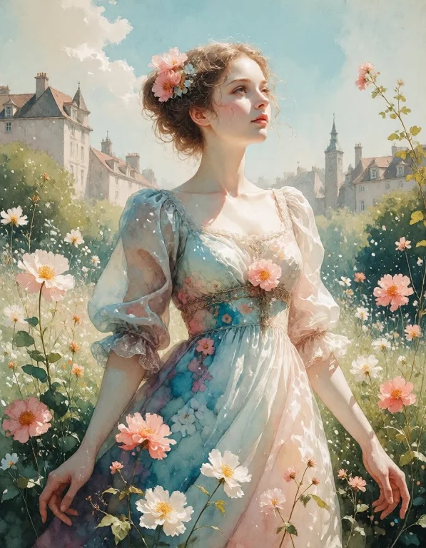 A Cottage Garden Blooming In Soft Pigment Washes, With Fair...