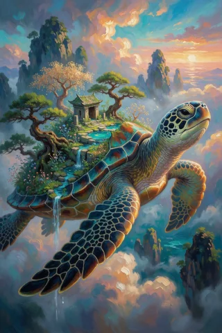 A Majestic Giant Sea Turtle Glides Weightlessly Through A Lu... — Stable Diffusion AI Prompt: A majestic giant sea turtle glides weightlessly through a luminous sky above dis...
