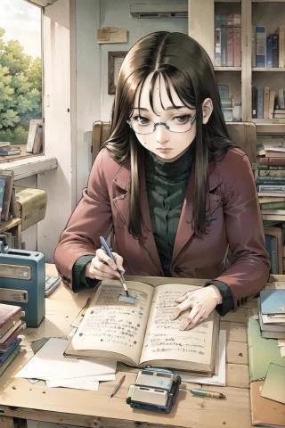 1girl, Solo, Writer, Typewriter, Coffee, Glasses, Notebook,... — Stable Diffusion AI Prompt: 1girl, solo, writer, typewriter, coffee, glasses, notebook, pen, cozy setting, f...
