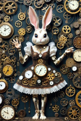 A Fancy Bunny In A Cute Dress Throwing A Yyy.. . Clock Faces... — SDXL AI Prompt: a fancy bunny in a cute dress throwing a yyy.. . Clock faces, Metal gears, Brass...