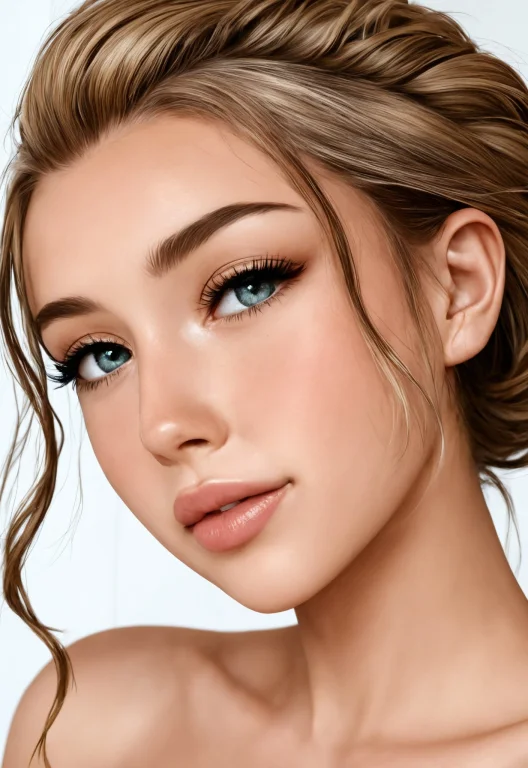 Woman Face Closeup, Soft Pinned Back Curls, Natural Look, St...