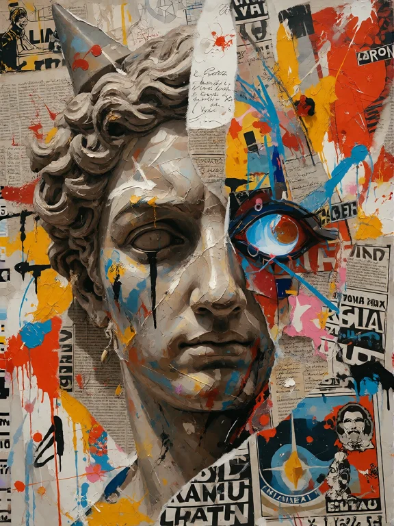 Postmodern Abstract Collage Artwork, Torn Newspaper Fragment...