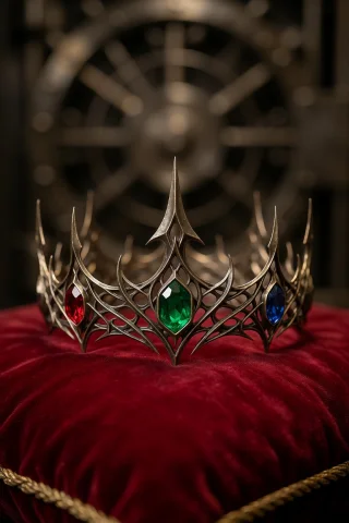 Gold Filigree Crown. The Crown Lies On A Red Velvet Cushion.... — Stable Diffusion AI Prompt: Gold filigree crown. The crown lies on a red velvet cushion. 3 gemstones are set...