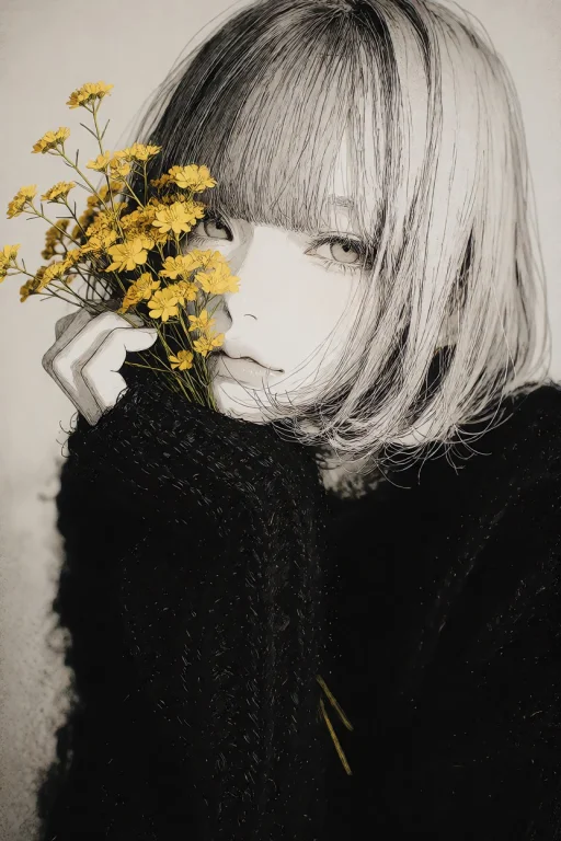 A Monochrome Anime-style Illustration Rendered With A Sketch...
