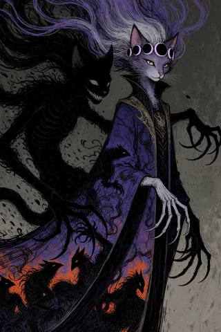 An Anthropomorphic Cat Sorceress Whose Shadow Has Become An... — Stable Diffusion AI Prompt: An anthropomorphic cat sorceress whose shadow has become an independent, playful...