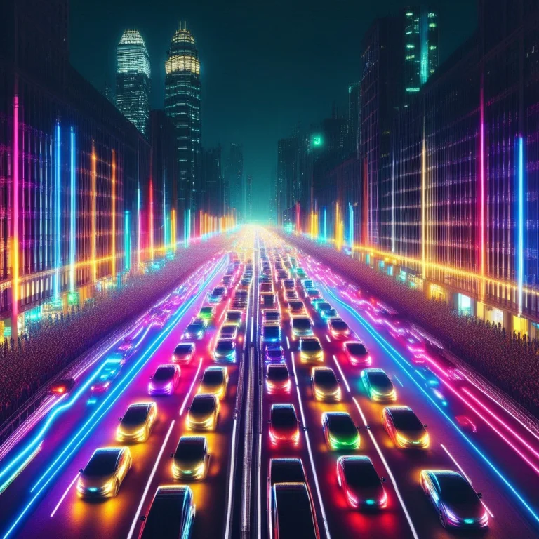 Led, Colorful Led Lights, City, People, Cars