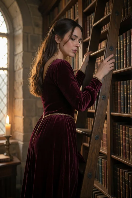 In A Castle Library, A Woman In A Deep Burgundy Velvet Dress...