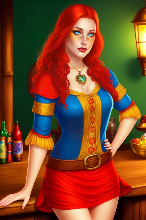 Full Body, Beautiful Young Woman, Waitress, Red Hair, Freckl...