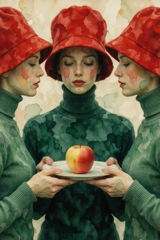 Three Figures In Green Turtlenecks Wear Oversized Red Hats A...
