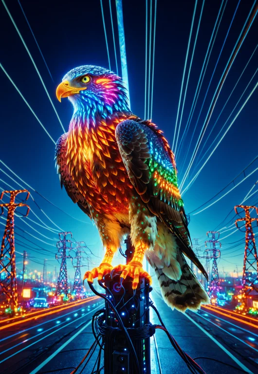 Cinematic Scene, Colorful, One Glowing Hawk, Perched On Top...