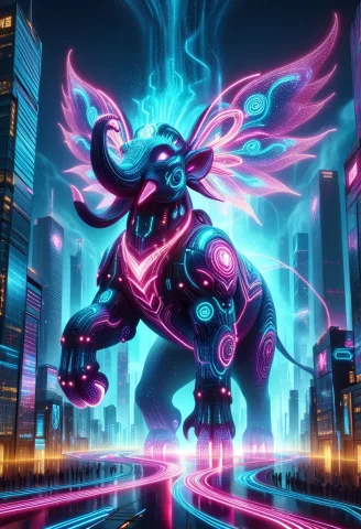 A Colossal Majestic Elephant Made Entirely From Living Neon... — SDXL AI Prompt: A colossal majestic elephant made entirely from living neon light, towering over...