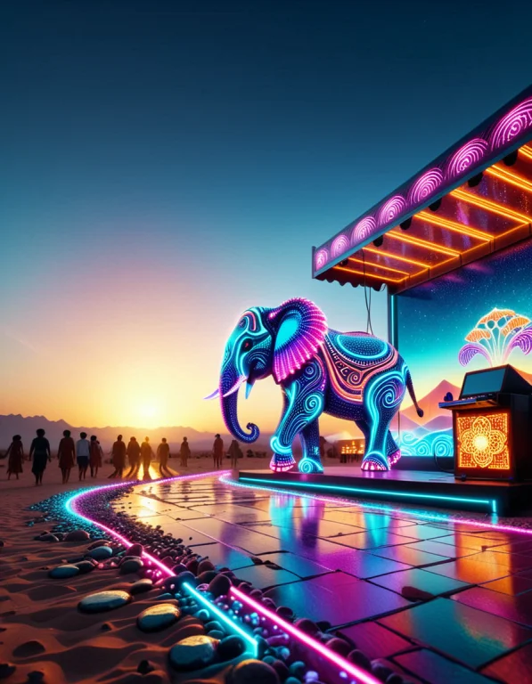 9. A Monumental Colourfulled Elephant Walking Through A Futu...