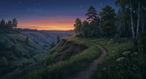 A Quiet Natural Meadow Path Following The Edge Of A Broad Sh... — Stable Diffusion AI Prompt: A quiet natural meadow path following the edge of a broad shallow ravine at the...