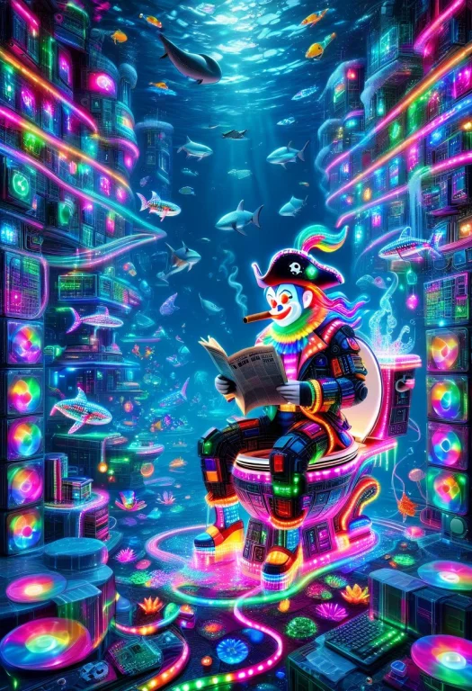 Subject A Surreal Bio-mechanical Clown Riding A Toilet Bowl,...