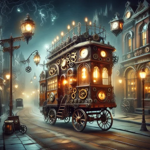 A Steampunk Trolley, Victorian Street, Night, Foogy, Eerie,... — SDXL AI Prompt: A steampunk trolley, victorian street, night, foogy, eerie, warm streetlamps,