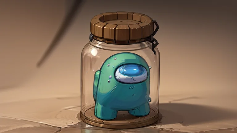A Cute Shrunken Girl Kneeling In A Glass Jar Next To Amongus...