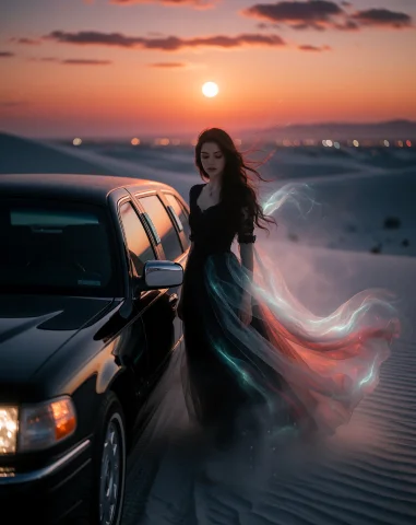 Masterpiece, Cinematic Dreamscape At Sunset, Mysterious Youn... — Stable Diffusion AI Prompt: MASTERPIECE, cinematic dreamscape at sunset, mysterious young woman standing bes...