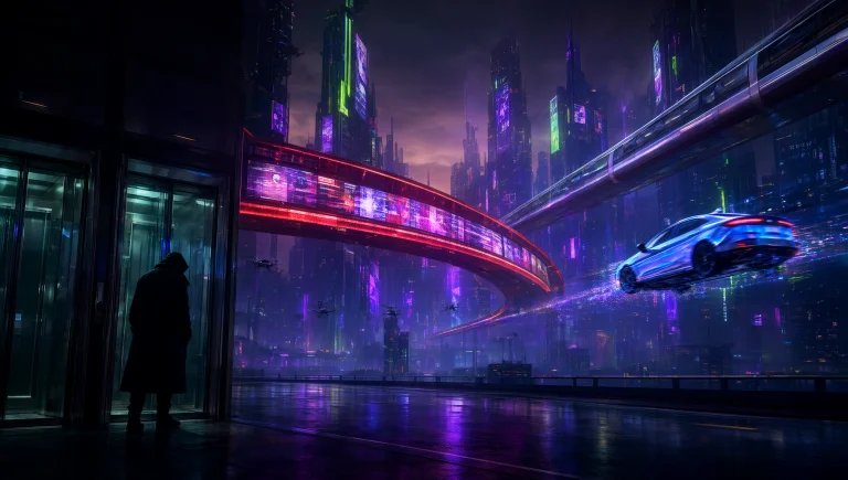 The Image Is A Wide Cinematic Illustration Of A Cyberpunk Dr...