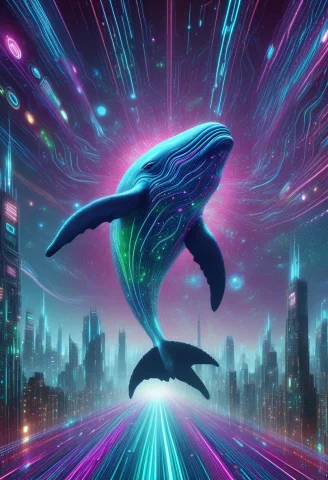 A Gigantic Magical Cosmic Whale Swimming Through Deep Space... — SDXL AI Prompt: A gigantic magical cosmic whale swimming through deep space above a futuristic p...