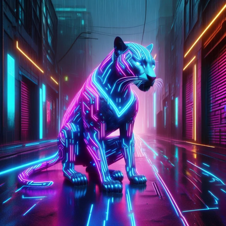 A Cybernetic Panther Crouching In A Rainy Alley, Body Lined...