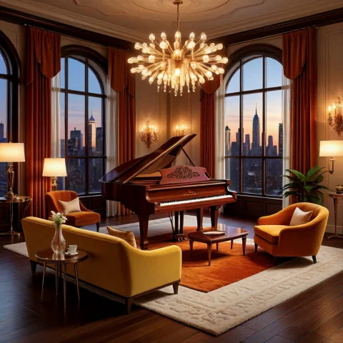 Featuring A Magnificent 1880s Upright Piano As The Centerpie... — SDXL AI Prompt: featuring a magnificent 1880s upright piano as the centerpiece. The piano is cra...