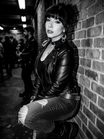 Black-and-white Cinematic Portrait Of A Woman Leaning Agains... — Stable Diffusion AI Prompt: Black-and-white cinematic portrait of a woman leaning against a brick wall in an...