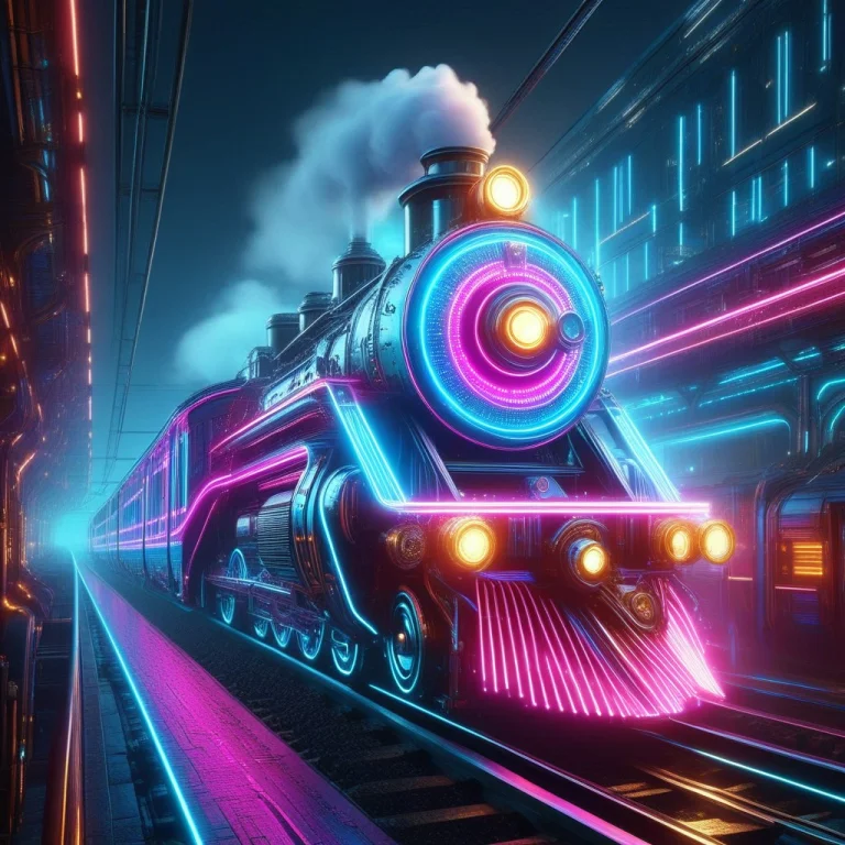 A Futuristic Steam Train Rendered In Radiant Neon, Blending...