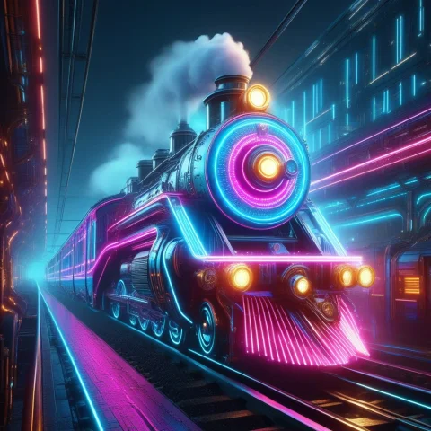 A Futuristic Steam Train Rendered In Radiant Neon, Blending... — SDXL AI Prompt: A futuristic steam train rendered in radiant neon, blending high-fantasy magical...