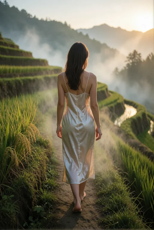 On A Rice-terrace Path At Dawn, A Woman In A Simple Silk Sli...