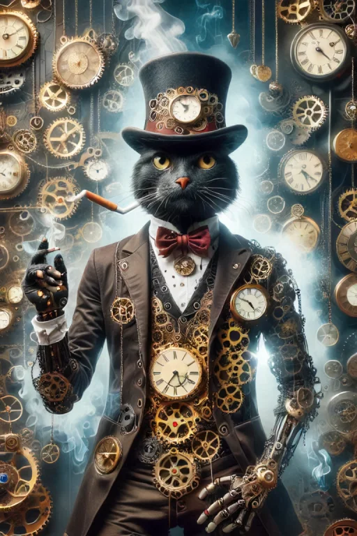 Intricate, Detailed, Steampunk Dandy Black Cat Wearing A Top...
