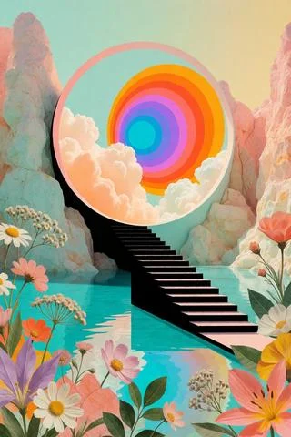 A Surreal Retro Collage Illustration Featuring A Tranquil Tu...