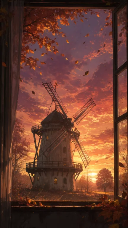 Through A Window Pane, A Grand, Old Windmill Is Silhouetted...