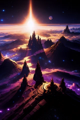 Loravalerianlaureline-comic-style0.75 Worlds Of Galaxies Fa... — Stable Diffusion AI Prompt: | worlds of galaxies| fantasy portal to far universe| dramatic light| faded sun...