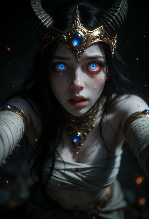 Pale Skin, Long Black Hair, Glowing Blue Eyes With Red Scler...
