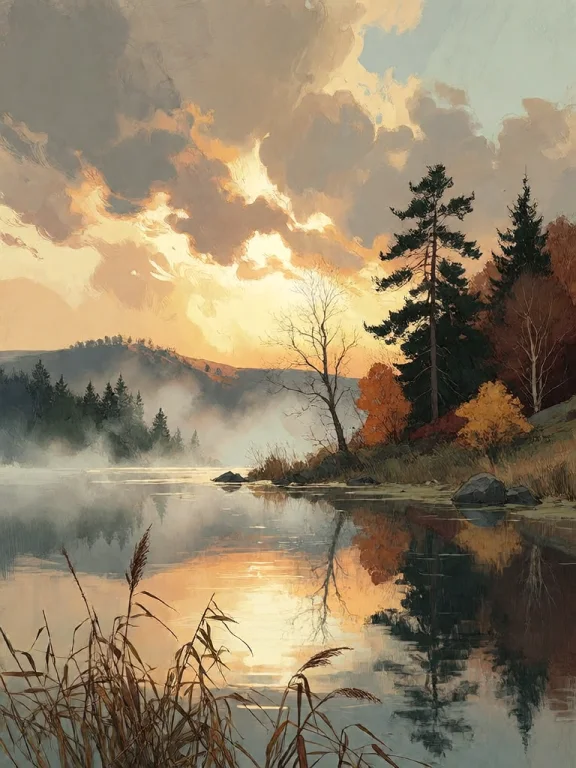 Bradhamel Art Style. A Serene Autumnal Lakeside At Dawn, Wit...