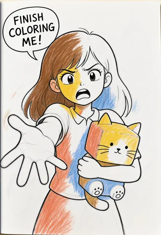 A Single Coloring-book Page Showing One Girl And Her Cube-sh... — Stable Diffusion AI Prompt: A single coloring-book page showing one girl and her cube-shaped cat stuffed ani...