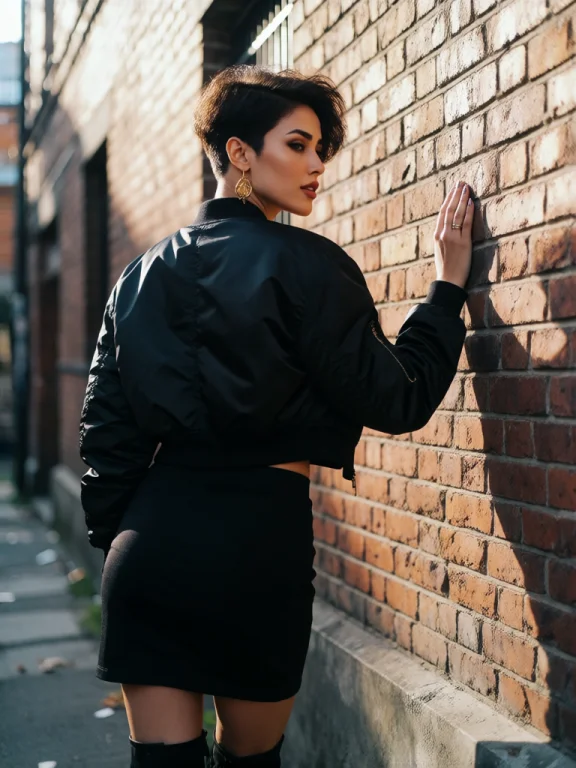 Cinematic Street Fashion Portrait Of A Woman Leaning Against...