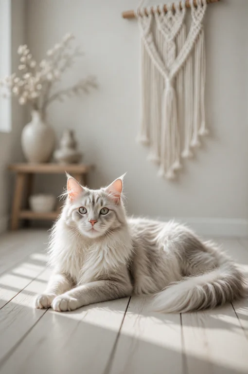 A Serene, Softly Lit Interior Scene Featuring A Fluffy White...