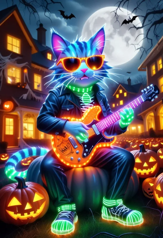 A Cool Cat Made Of Glowing Led Lights Wearing Sunglasses Sit...
