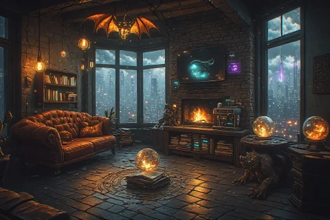 A Dimly Lit Modern Apartment Interior Seamlessly Fused With... — SDXL AI Prompt: a dimly lit modern apartment interior seamlessly fused with high fantasy element...