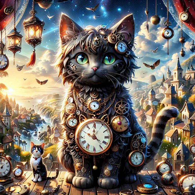 Masterpiece, Ultra Detailed, Cat, Pocket Watch, Scenery,