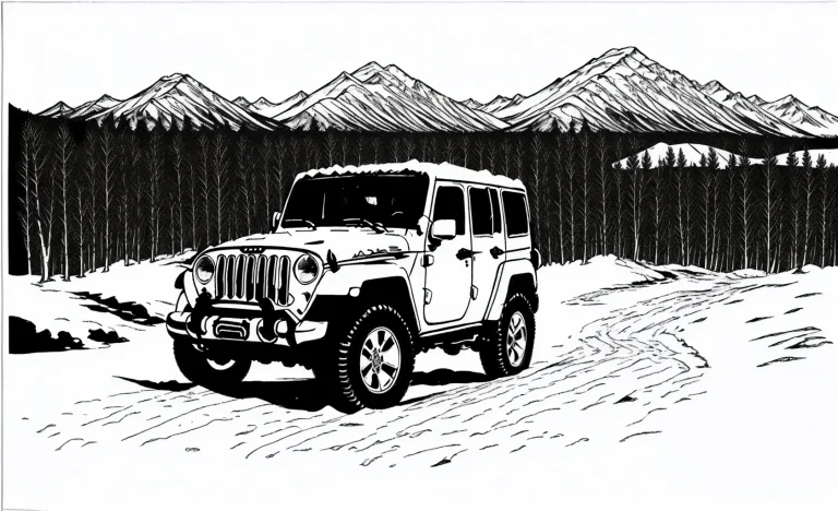 There Is A Snow Mountain In The Distance,a Jeep Car Under Th...