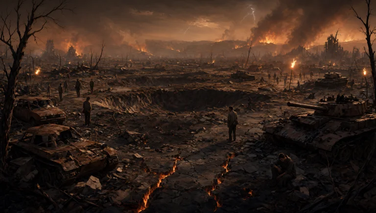 The Image Is A Wide Cinematic Illustration Of A Post-apocaly...