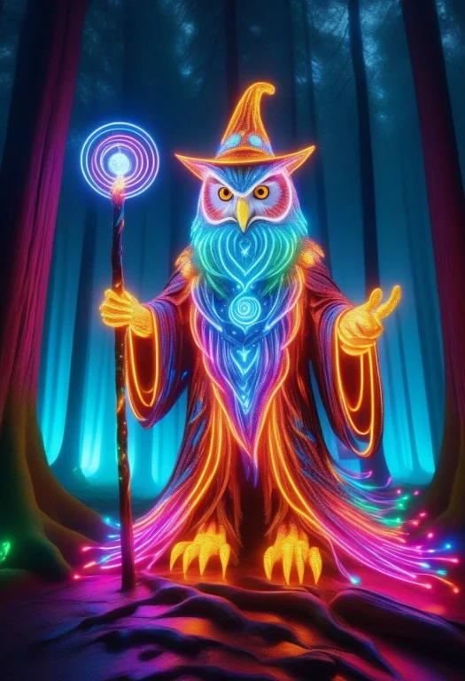 Led, Colorful Led Lights, A Wise Owl Wizard With Feathers Of...