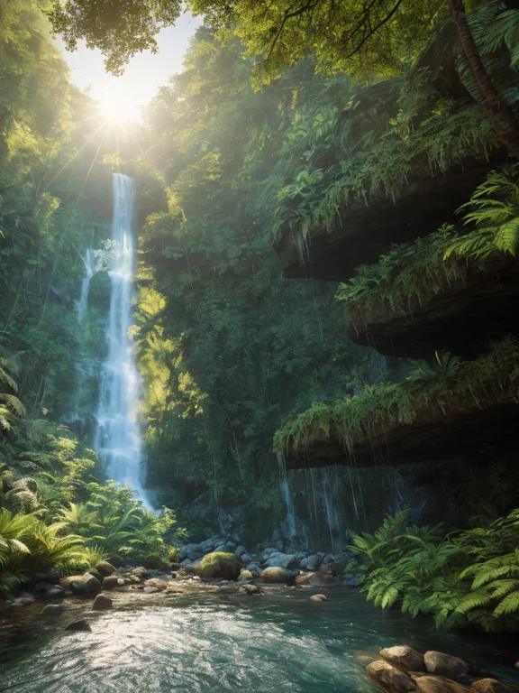 Waterfall Plummeting Vertically Down A Jungle Cliff Into A R...